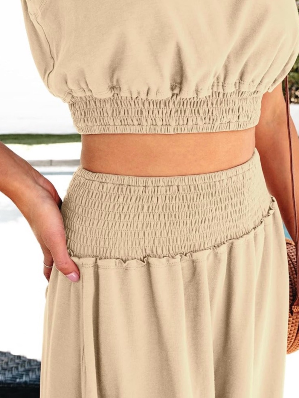 SHEIN Beige Smocked High-Waist Maxi Skirt Set
